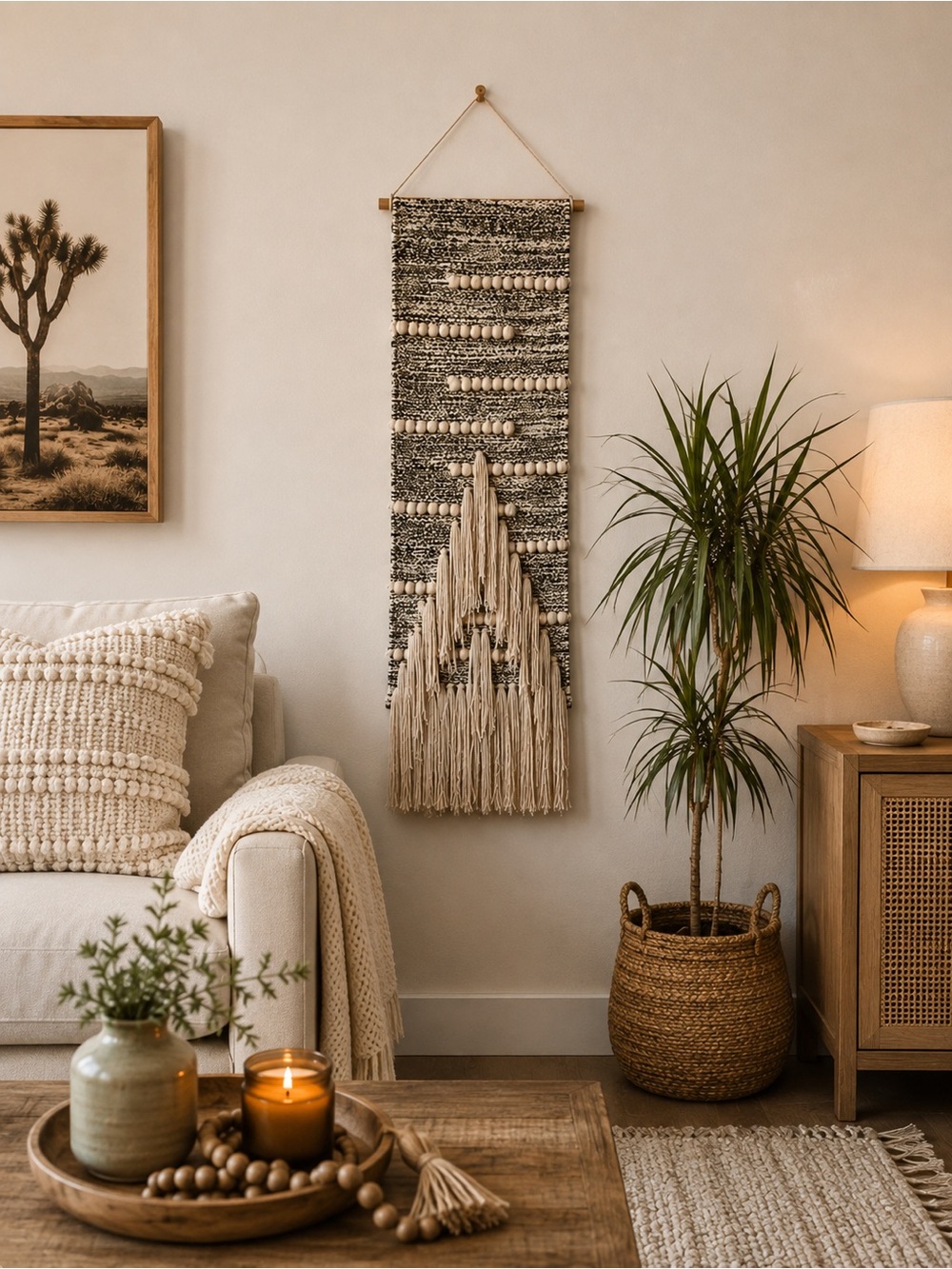 Anthropologie Woven Cotton Wall Hanging Boho Macrame Tassel Black Cream 10x34”